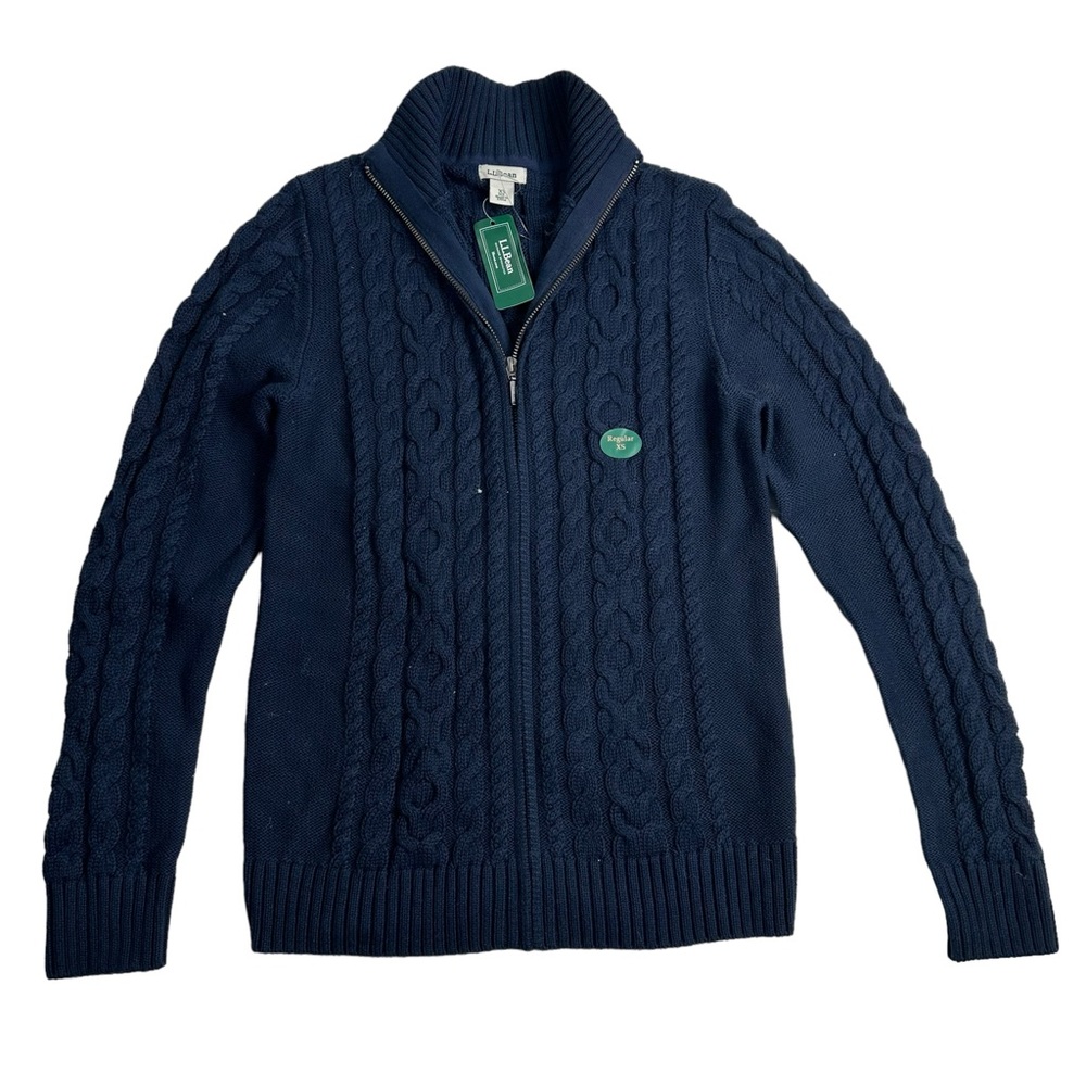 NEW LL Bean Cable Knit Sweater Womens XS Full Zip Navy